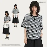 Japanse retro tops voor koppels, contrasterende strepen, ronde hals, korte mouwen en losse pasvorm, veelzijdig en geschikt voor elke outfit en gelegenheid — foto 5