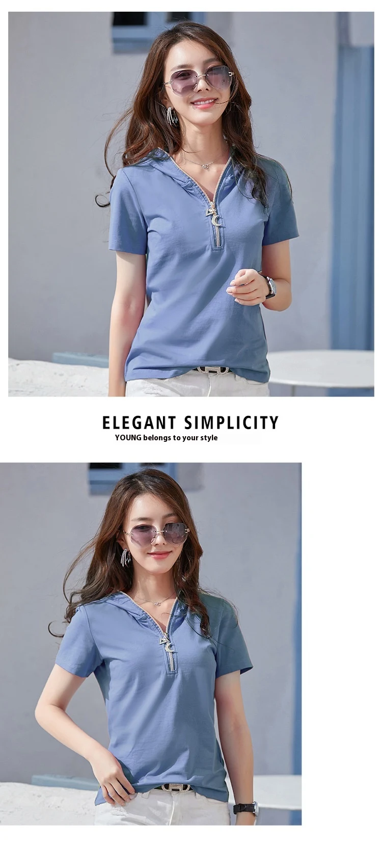 Effen kleur capuchon, rits, slim-fit ondershirt met capuchon, korte mouw — foto 18