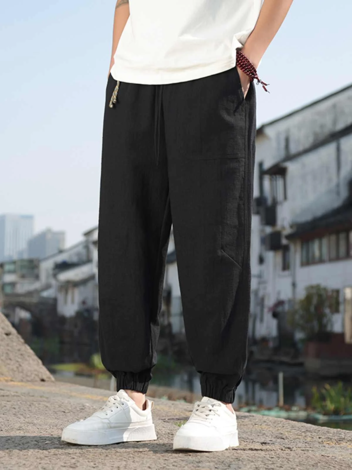 Title 5, Calças Casuais Soltas Plus Size Retrô Masculina...