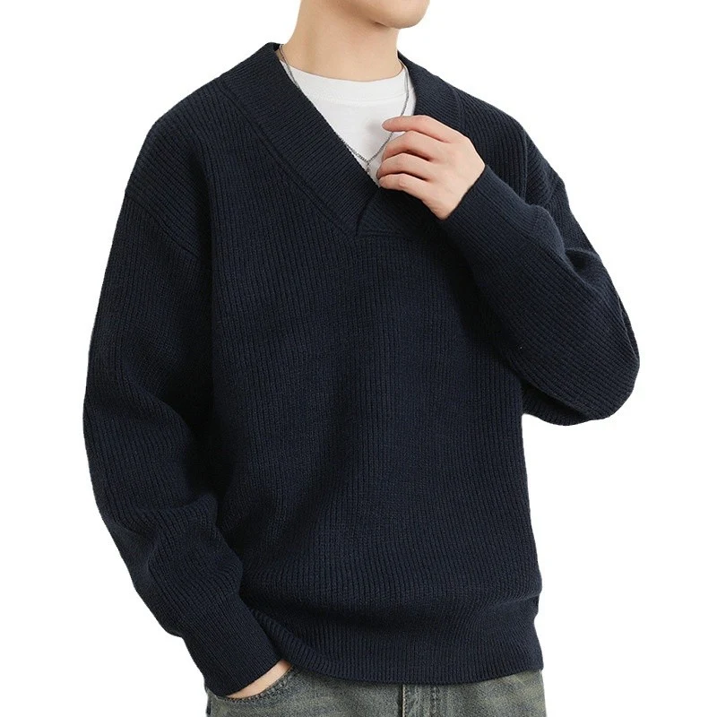 New Men's V-neck Fashion Solid Color Coarse Yarn Knitted Sweater, comfortable and stylish for everyday casual wear. — photo 2