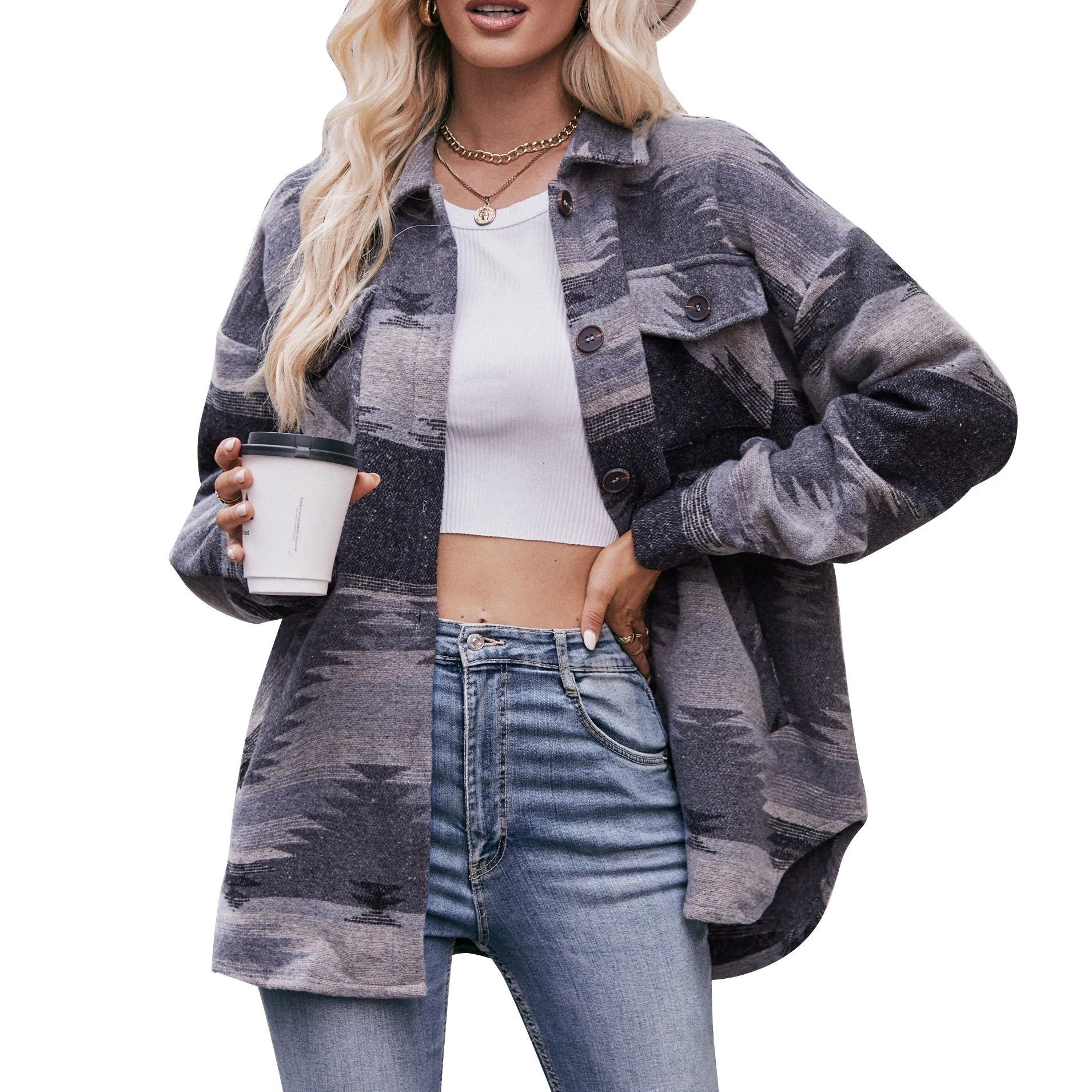 Chaqueta con estampado geométrico para mujer Abrigo de invierno con cuello alto y bolsillos Prendas de abrigo elegantes y cálidas — foto 6