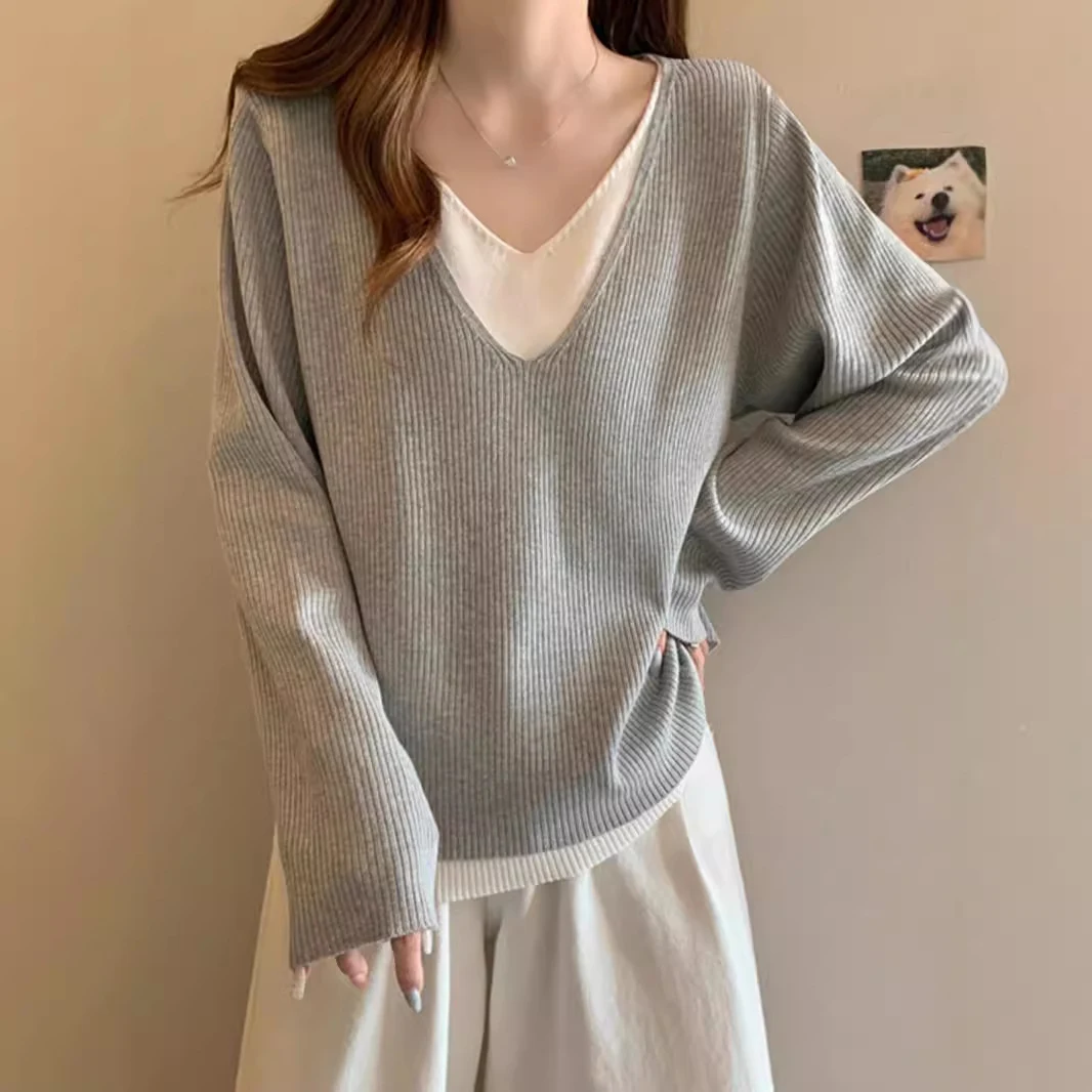 Camisa de fundo com decote em V emagrecedora blusa solta para mulheres — foto 6
