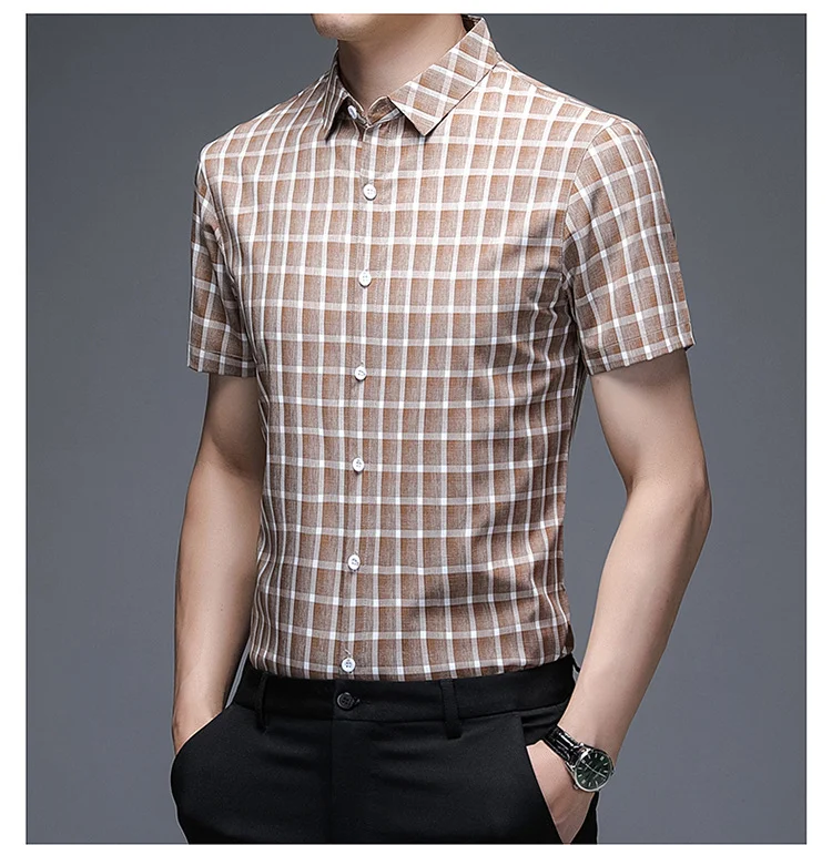 Camisa masculina de algodão manga curta para negócios casual, ideal para pais de meia-idade. Conforto e estilo no trabalho ou lazer. — foto 6