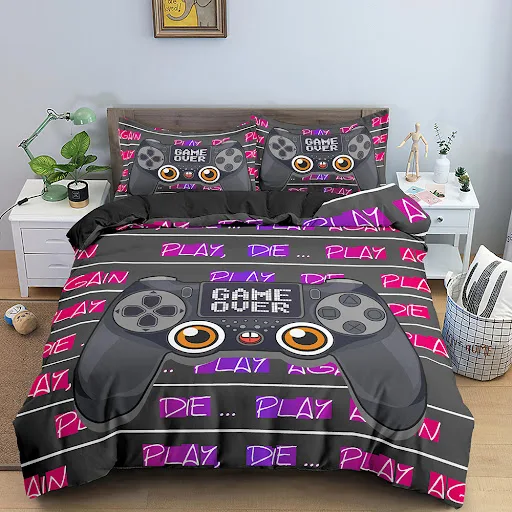 Title 6, Jogo de cama com estampa de controle, tamanho Q...