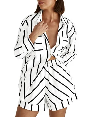 Title 19, Summer Loose Striped Cardigan Shorts Suit