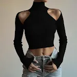 Street Style Personality High Neck Shoulder Cut Out Long Sleeve T-shirt Lady — photo 6