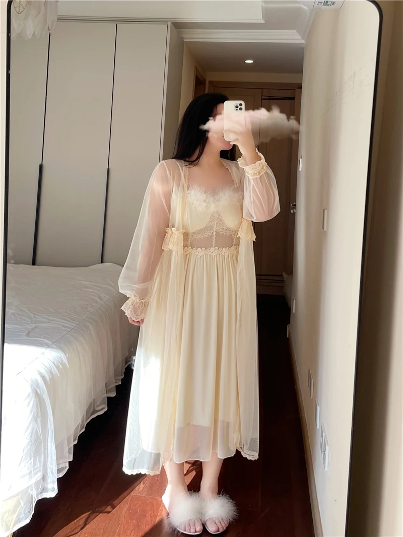 Title 10, French Mesh Lace Cutout Sling Nightdress Two-pi...
