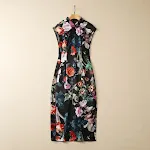 Split Vintage Buckle Piping Floral Print Acetate Dress. A stylish and feminine dress that offers elegance and comfort fo — photo 5