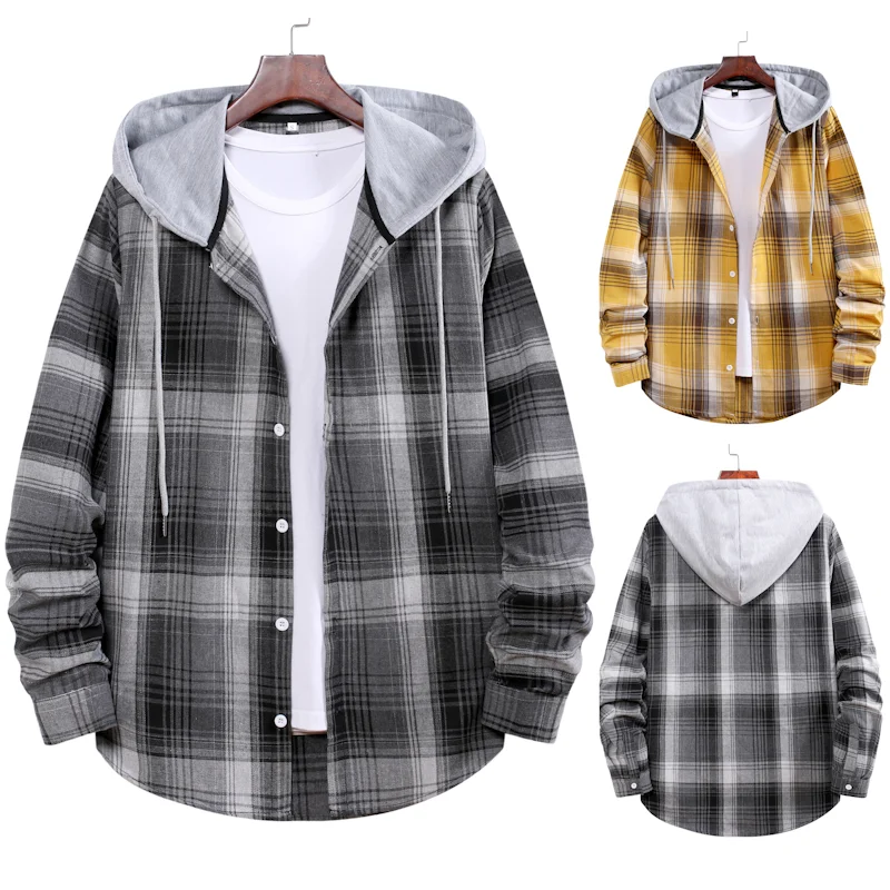 Men's Casual Color Block Hooded Plaid Shirt, a comfortable and stylish everyday essential, perfect for a relaxed look, o — photo 5
