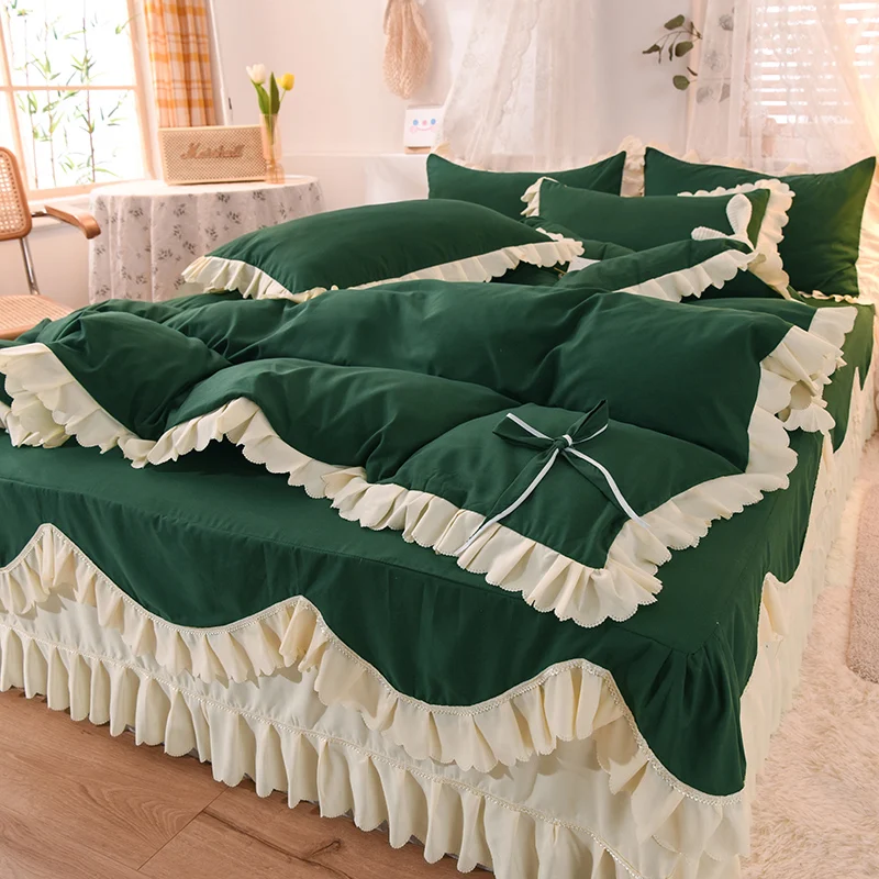 Conjunto de cama luxuoso estilo princesa adormecida nude, quatro peças, com babados de folha de lótus, renda e saia de cama para meninas — foto 19