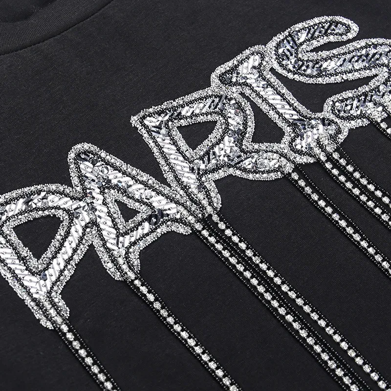 Title 16, Round Neck Letter Hot Diamond Short Sleeved T-s...