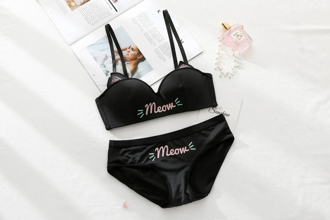 Title 2, Meow Girl Half Cup Wireless Push Up Bra Set, of...