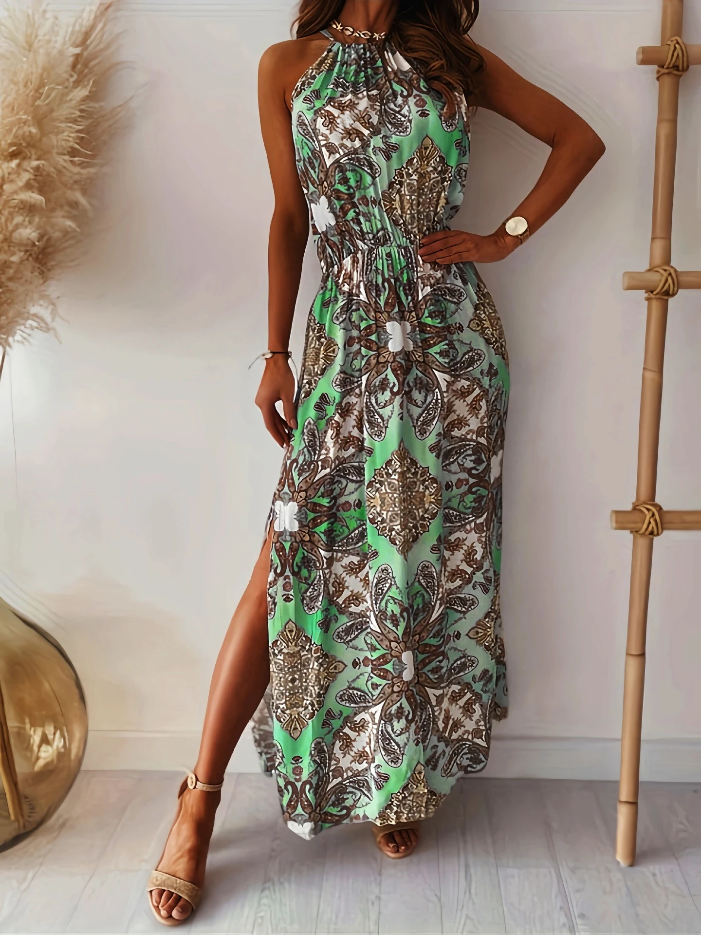 Printed Halter Waist Slit Dress — photo 3