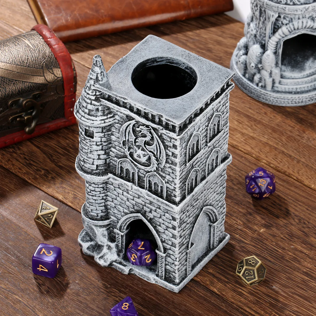 D20 Castelo Resina Torre de Dados Conjunto de Caixa de Presente Design Medieval Exclusivo Perfeito para Fãs de RPG de Mesa — foto 9