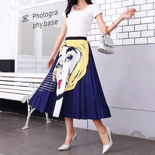 Title 3, Elastic Waist Pleated Mid-length Skirt with Pri...