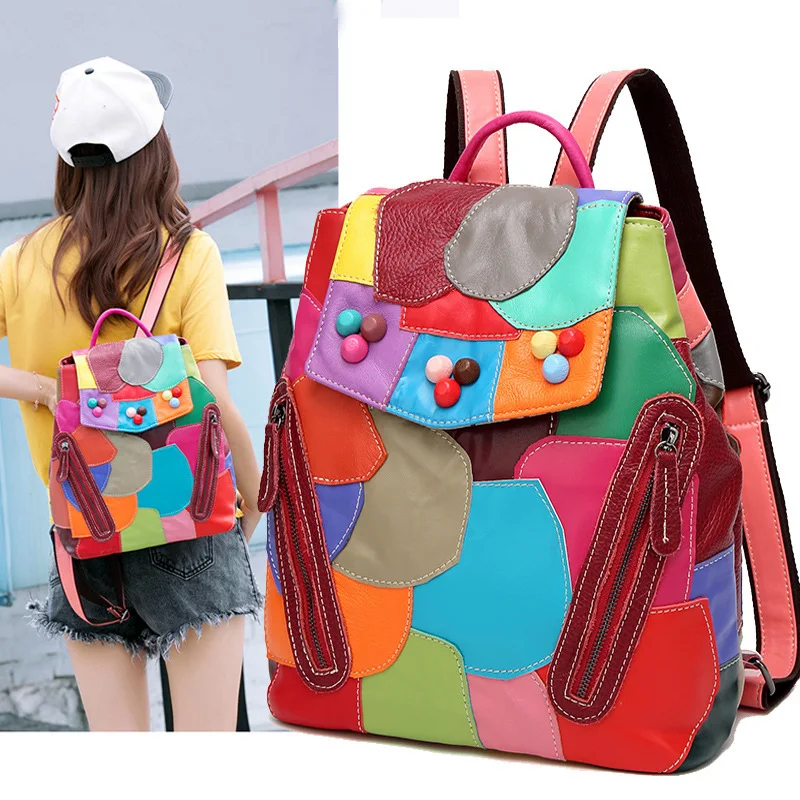 Mochila feminina de couro de ovelha com design de cores combinadas, fashion. Conforto e estilo para o dia a dia, perfeita para mulheres modernas. — foto 1