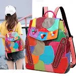 Mochila feminina de couro de ovelha com design de cores combinadas, fashion. Conforto e estilo para o dia a dia, perfeita para mulheres modernas. — foto 1