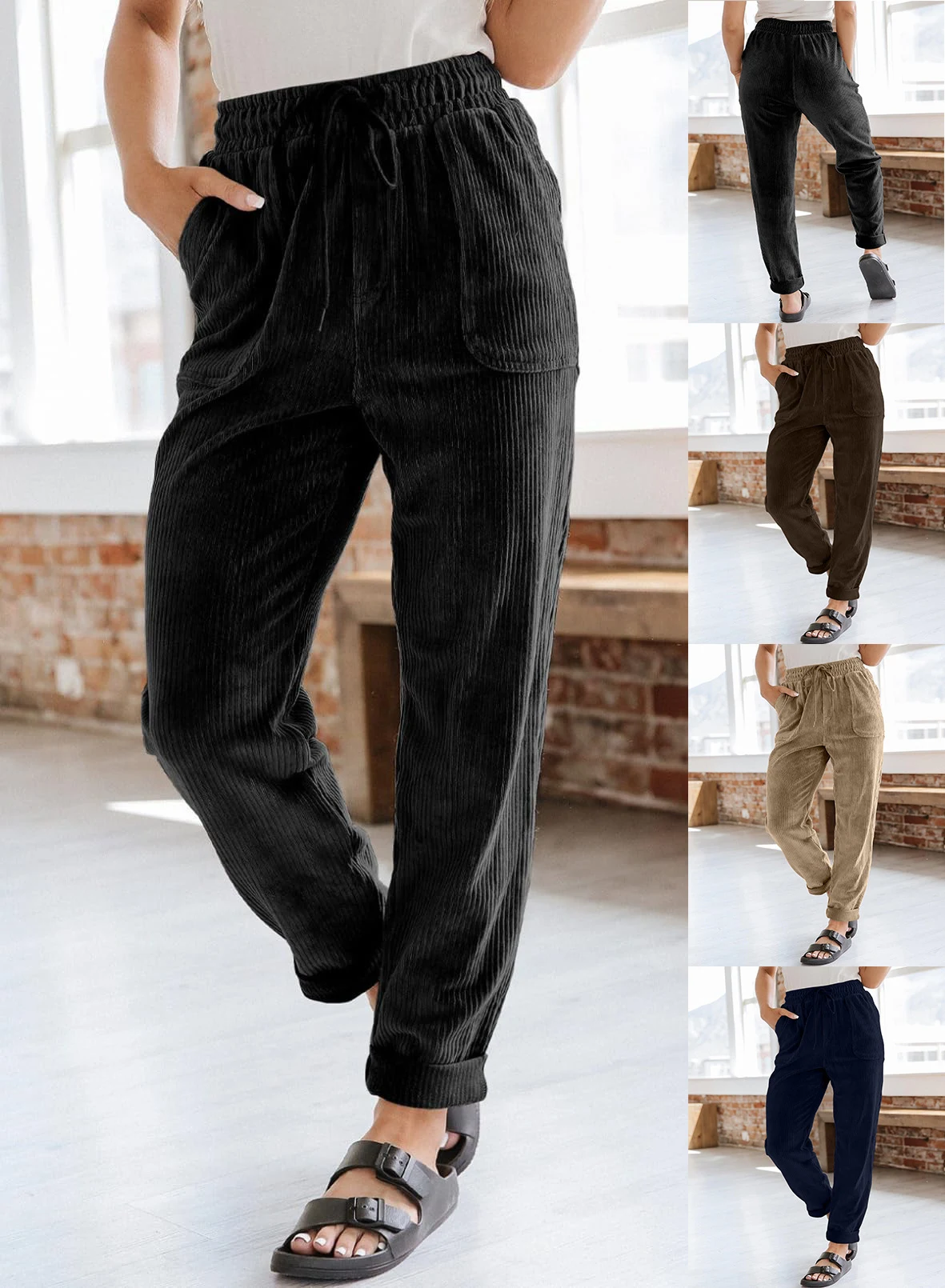 Pantaloni in velluto a coste da donna, casual, tinta unita, vita elasticizzata, gamba larga, tasche. Comodi ed eleganti. — foto 1