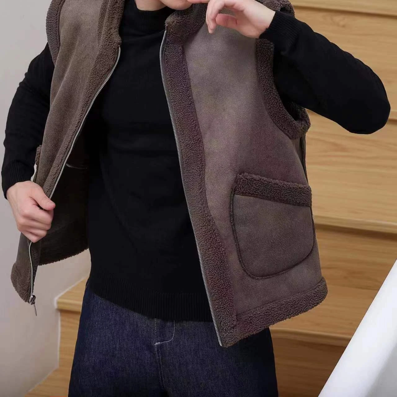 Jaqueta masculina de lã de cordeiro dupla face com fleece, quente e macia para o inverno. Perfeita para uso diário e atividades ao ar livre, conforto e estilo. — foto 1