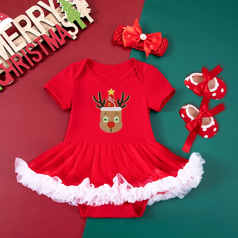 Conjunto de 3 peças para festa de Natal para bebê menina, com Papai Noel de desenho, árvore, vestido, sapatos e acessórios de cabelo — foto 1