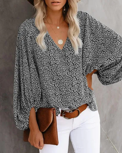 Title 2, V-Neck Shirt Print Balloon Sleeve Top