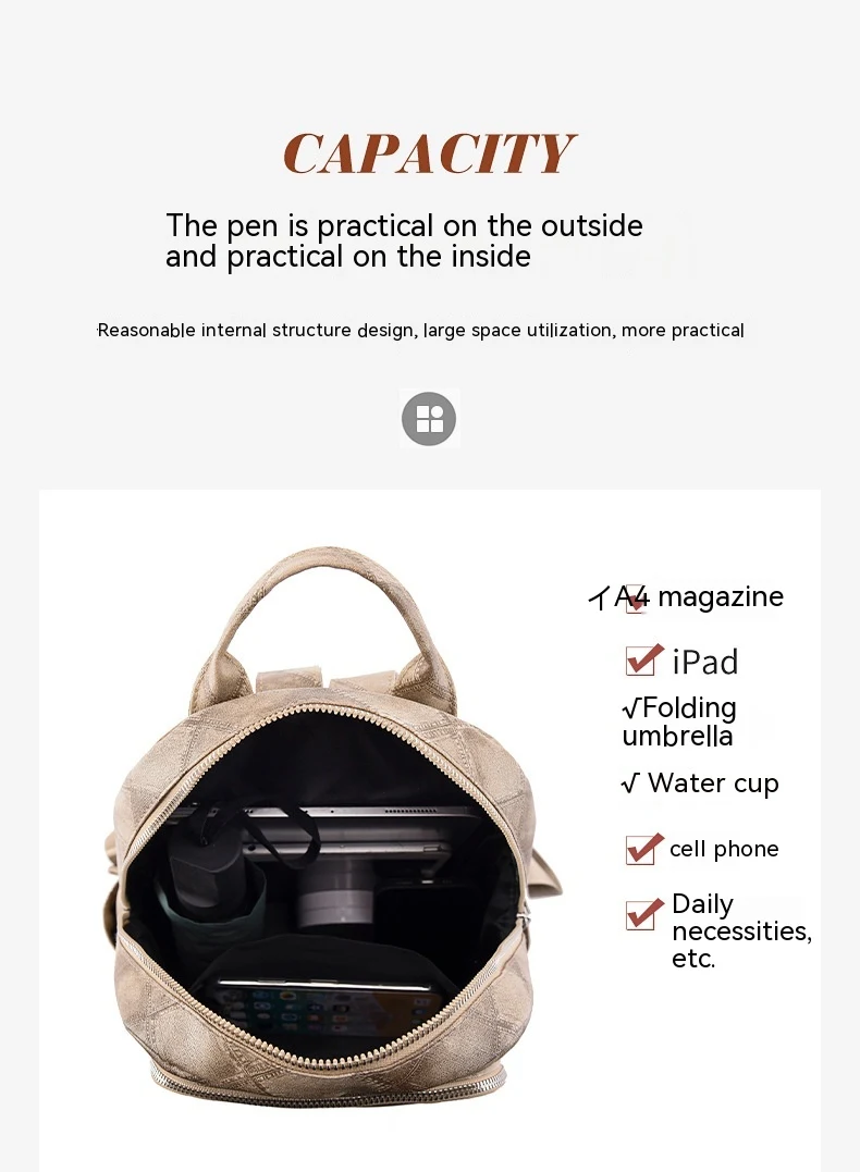 Mochila Feminina Casual Retrô de Couro Macio com Design de Losangos, Simples e Urbana, Perfeita para o Dia a Dia — foto 7
