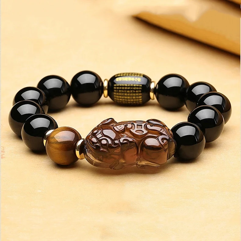 Pulseira de contas de barril de Ágata Vermelha Natural com escritura, Olho de Tigre Amarelo e Pi Xiu para proteção e fortuna — foto 6
