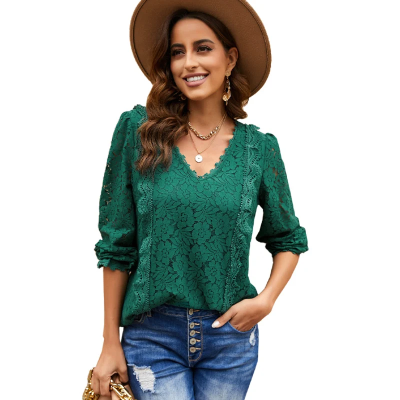 Solid Color Pullover Lace Mesh Crochet Casual Long Sleeve T-shirt for a comfortable, stylish, and effortlessly chic look — photo 2