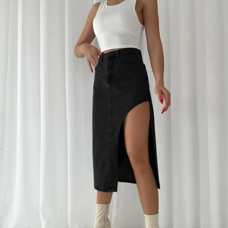 Falda vaquera recta de cintura alta con abertura para mujer, favorecedora y versátil, perfecta para un look casual elegante o más sofisticado. — foto 5