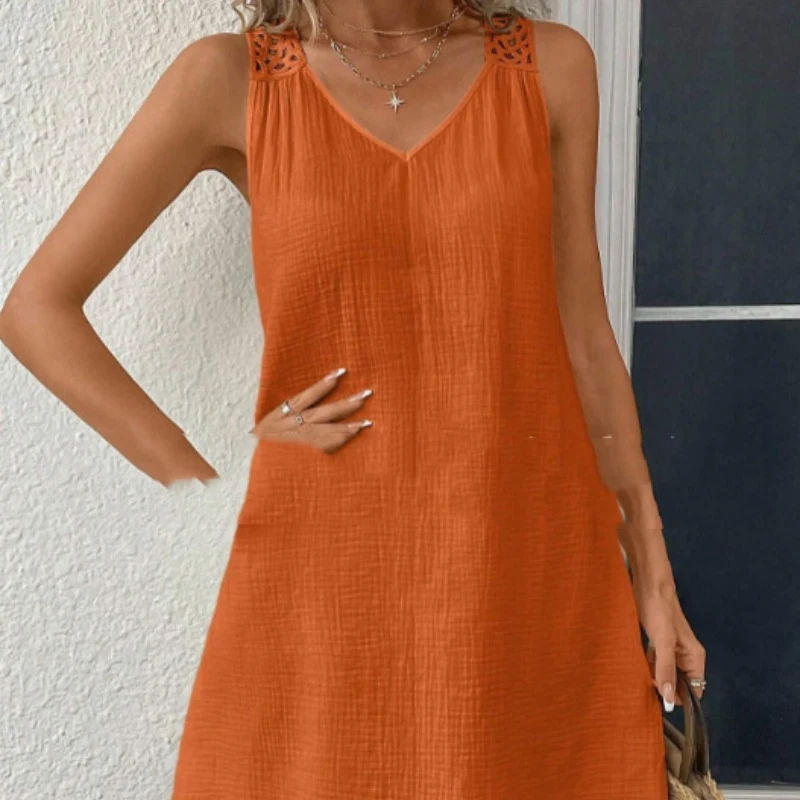 Lace Fashion Sexy Sleeveless V-neck Cotton And Linen Solid Color Dress — photo 10