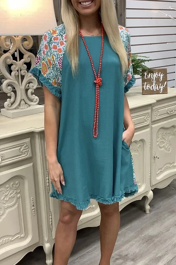 Title 5, Cotton And Linen Floral Stitching Round Neck Sh...