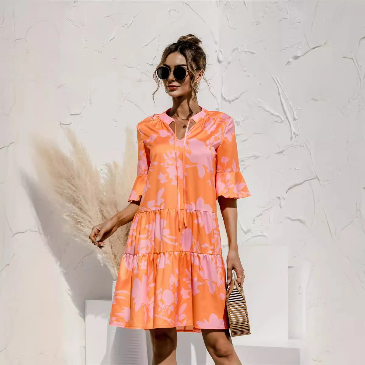 Title 6, V-neck Flared Sleeves Cake Stitching Dress, a s...