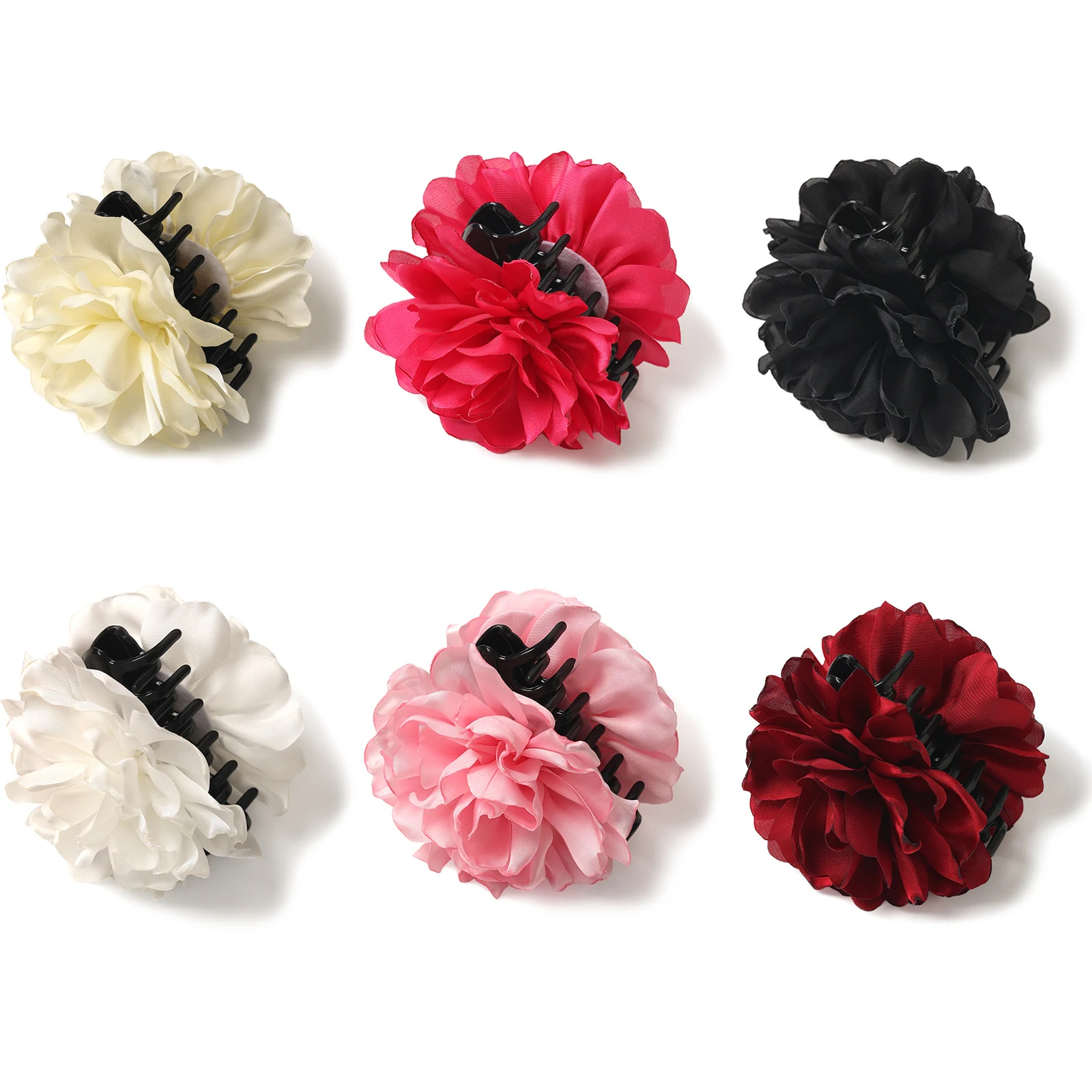 Vrouwelijke minimalistische Franse satijnen camelia grote haarclip, perfect voor een stijlvolle en elegante haarstijl. — foto 11