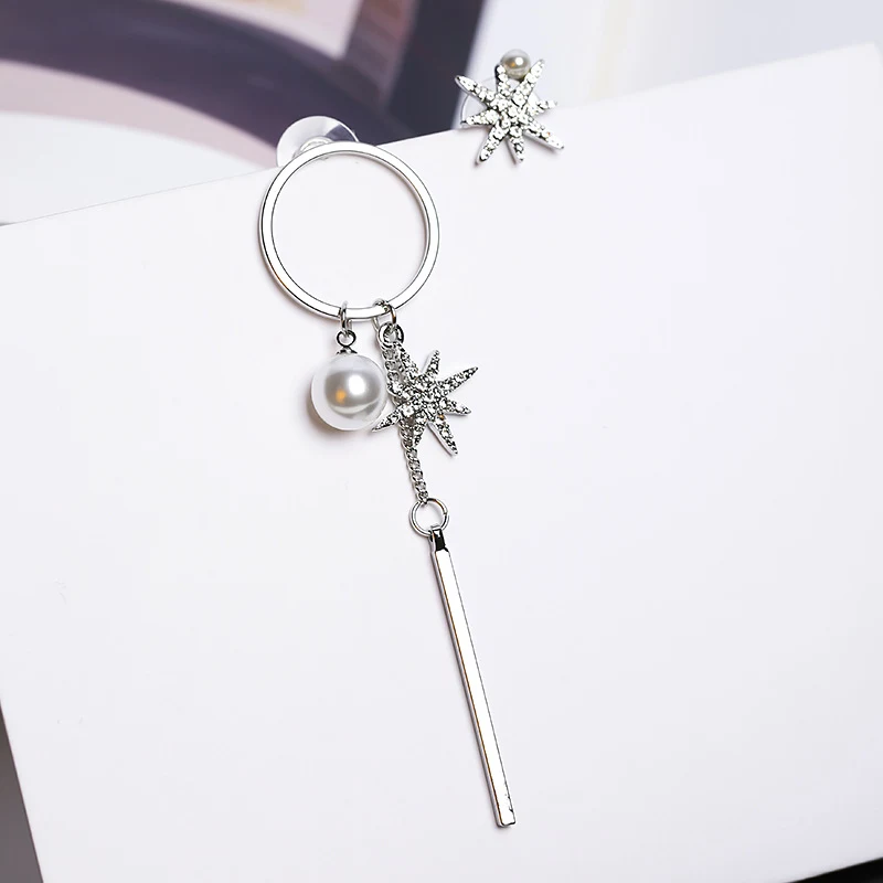 Brincos coreanos assimétricos com estrelas, flocos de neve, pérolas e oito estrelas, estilo europeu e americano, perfeitos para um visual sofisticado. — foto 6