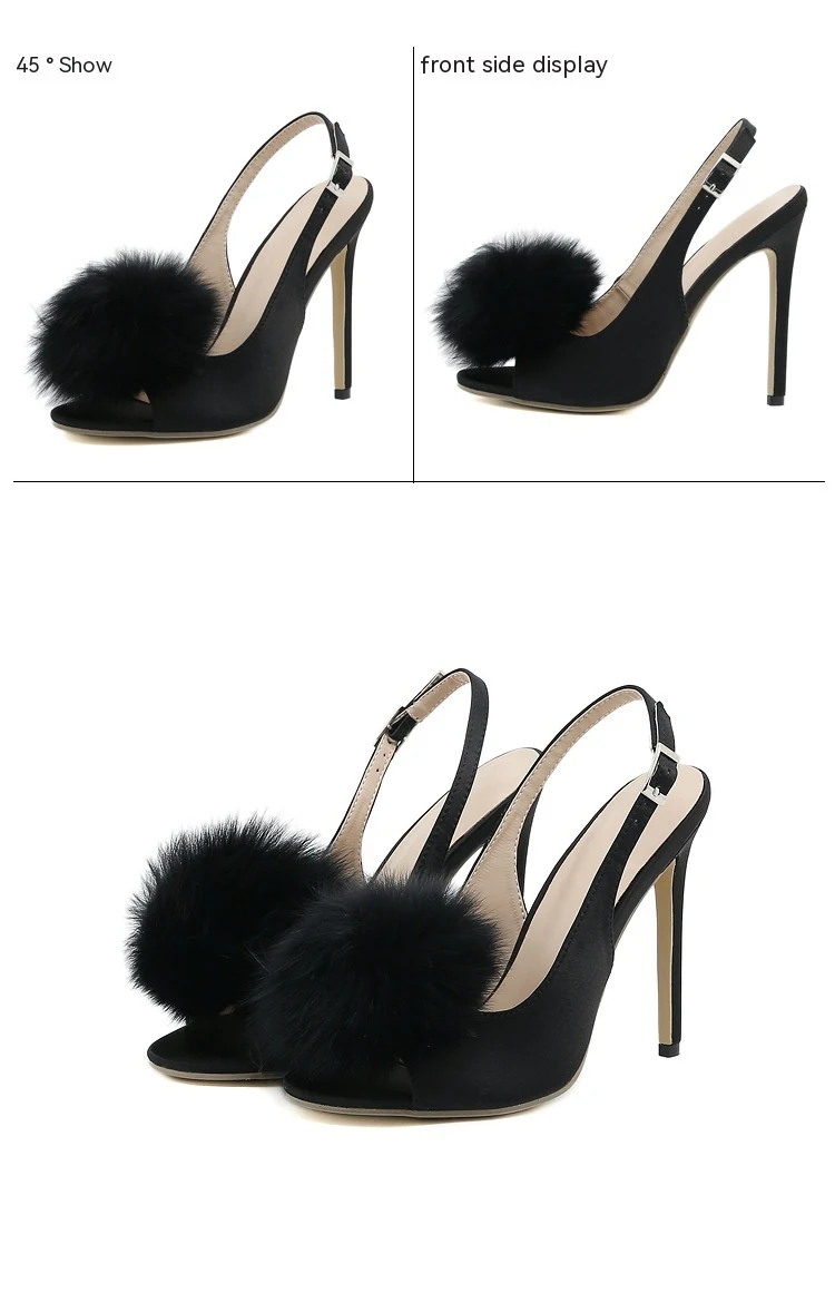 Gentle Hairy Ball Satin Fish Mouth Women's High-Heeled Sandal. Comfortable, stylish footwear for a touch of elegance. Pe — photo 2