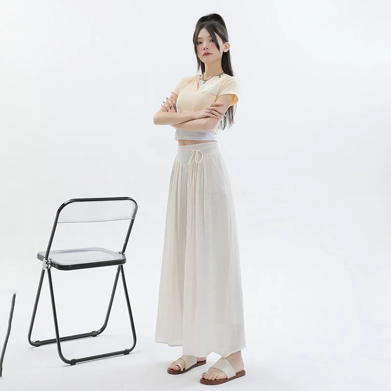 Summer Thin High Waist Cropped Wide-leg Pants Skirt with Straps, Slimming Design, Straight Drape, a comfortable and styl — photo 4