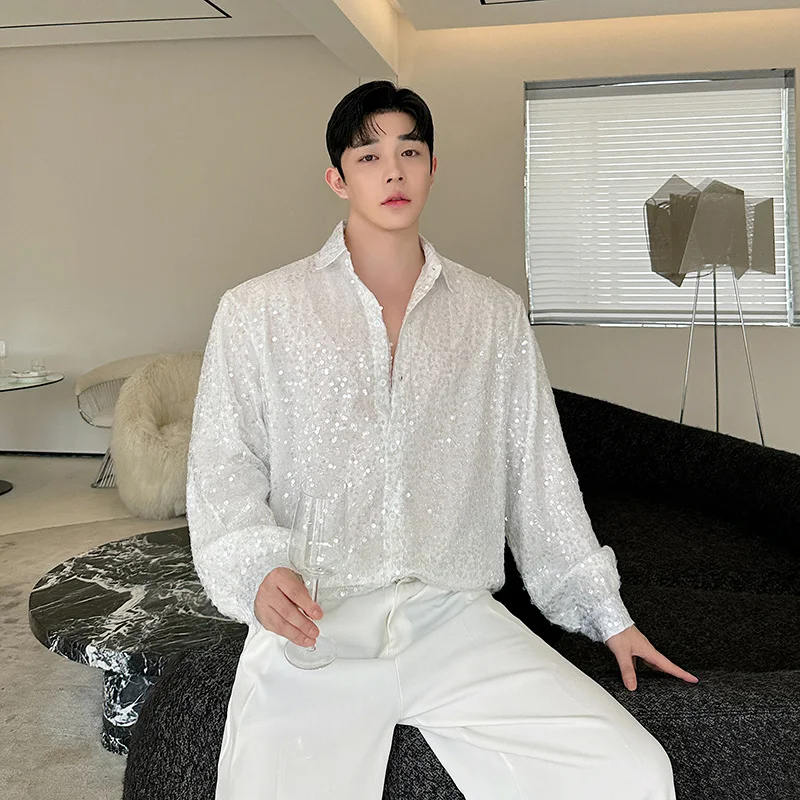 Title 7, Mens Fashion Irregular Sequined Shirt with Per...