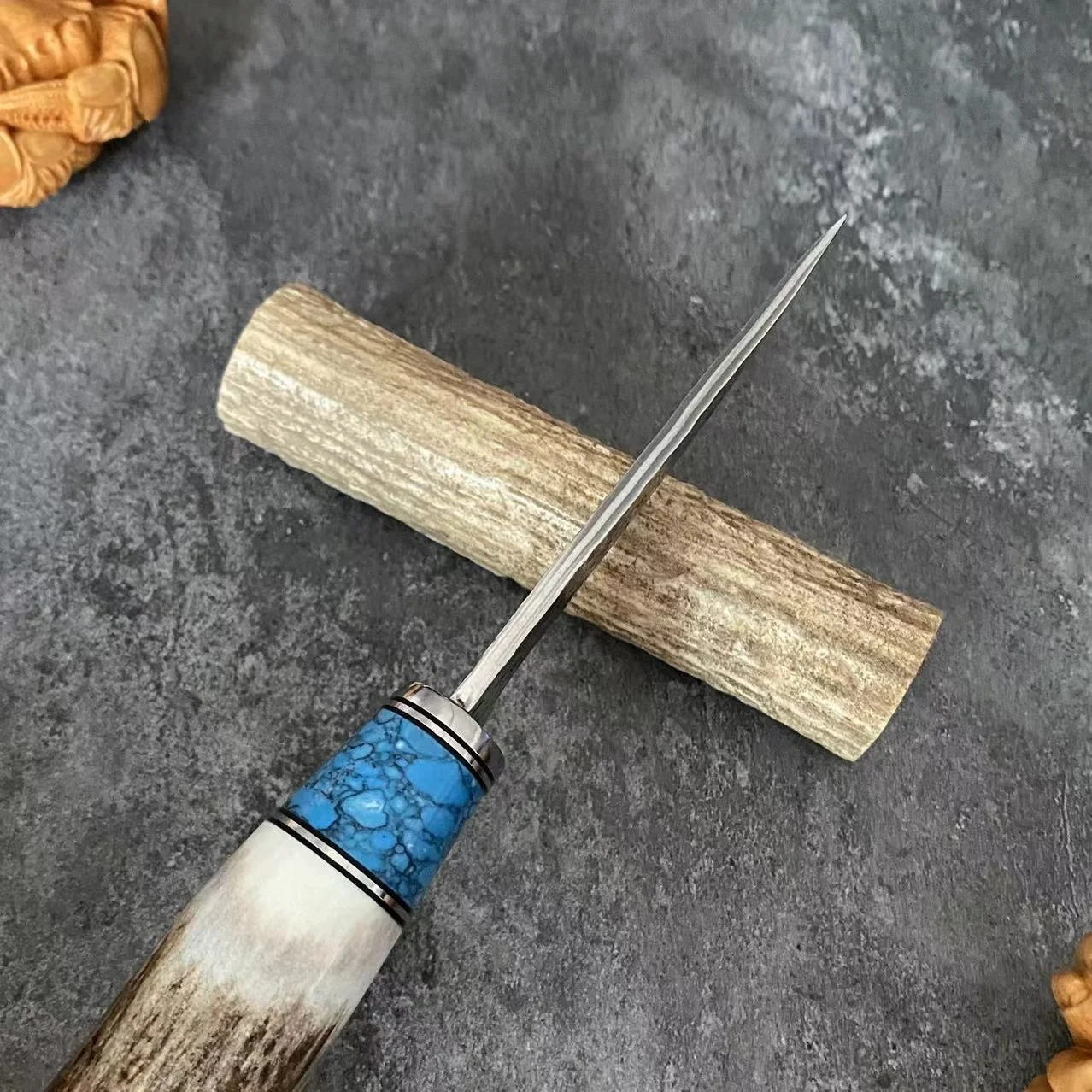 Damascus Steel Straight Knife with Antler and Turquoise Handle. Offers precision cutting with a comfortable grip for eve — photo 6
