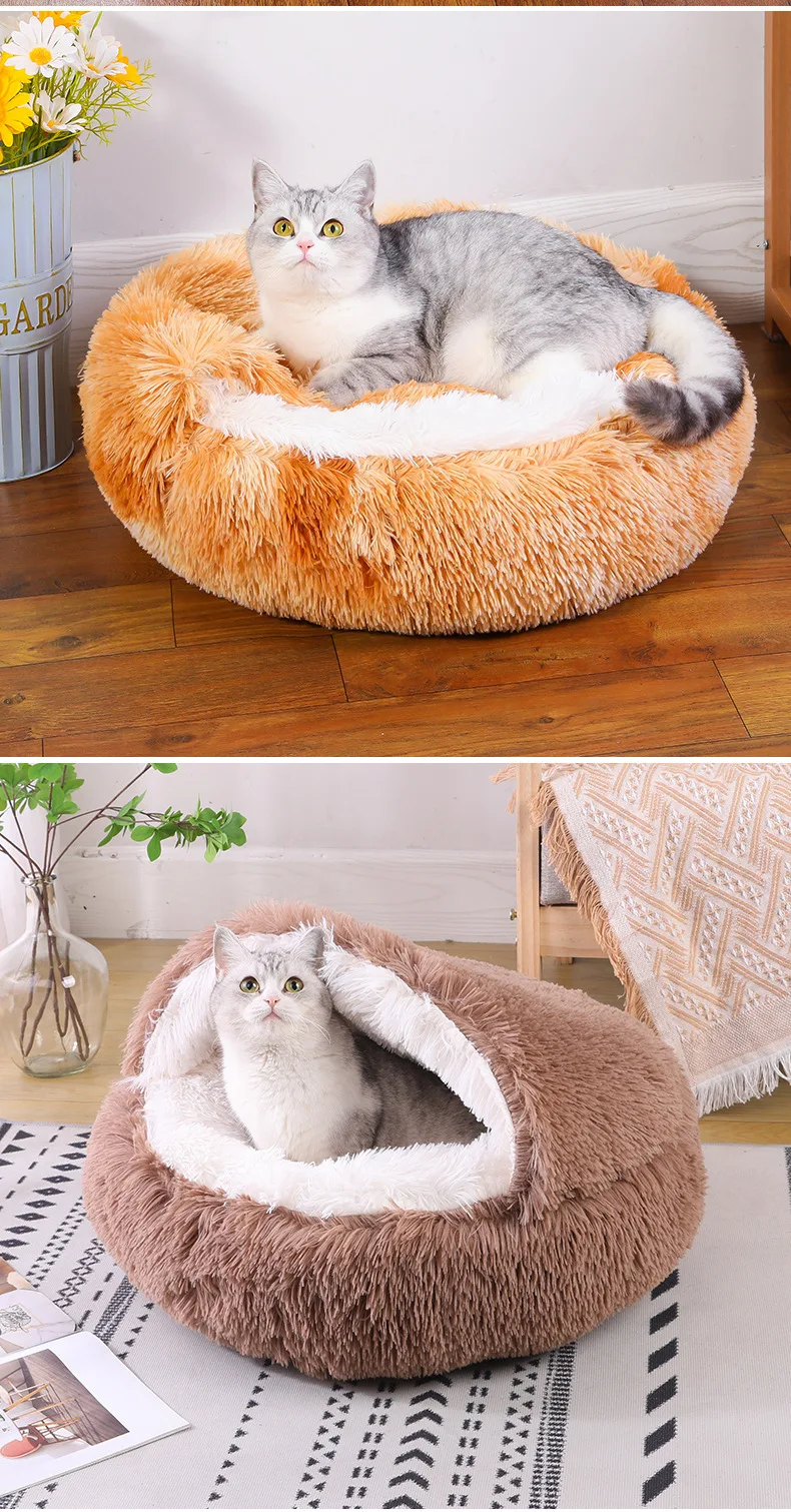 Title 8, 40cm Round Cat Beds Soft Long Plush Cat Sofa Pe...