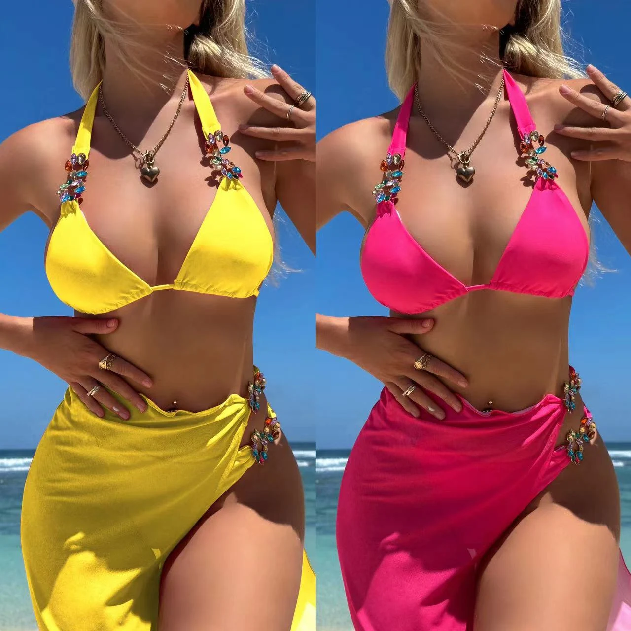 Light Diamond Solid Color Long Skirt Mesh Three Piece Swimsuit Bikini. Stylish and comfortable beachwear for a perfect v — photo 4