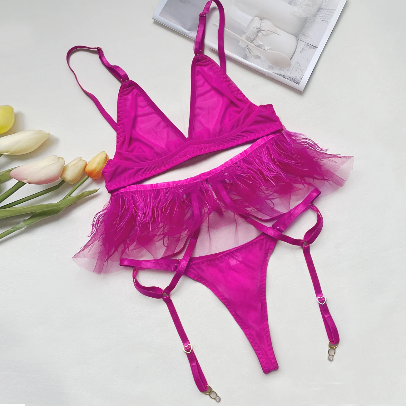 Title 9, Feather Perspective Garter Ladies Underwear Set...