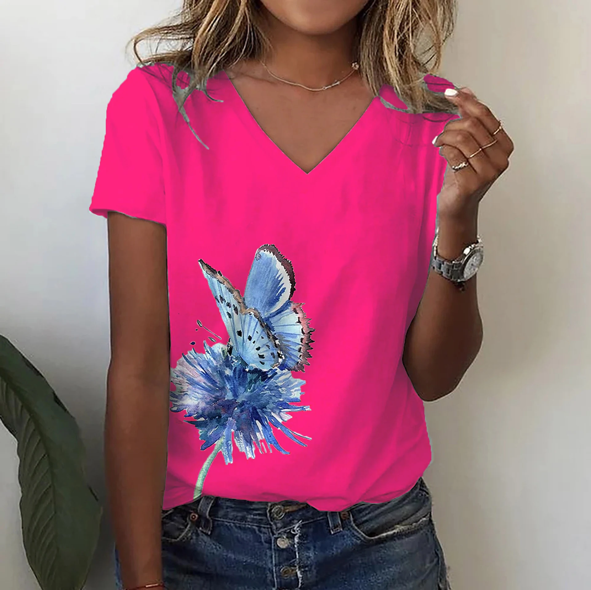 Title 6, Fashion Butterfly Print Amazon V-neck Short Sleeve