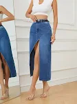 Saia longa jeans feminina com costura vazada irregular, ideal para um visual fashion e despojado, perfeita para diversas ocasiões. — foto 10