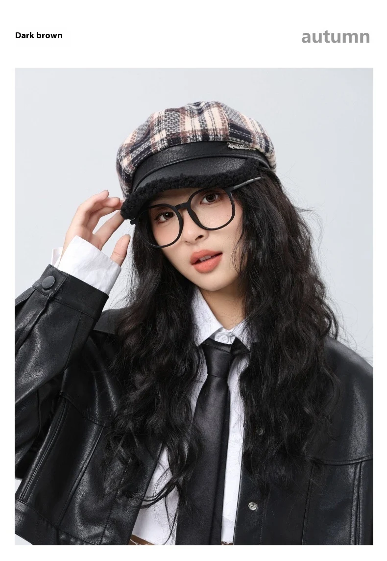 Title 11, Retro Plaid Octagonal Hat Thick Stitching Leath...