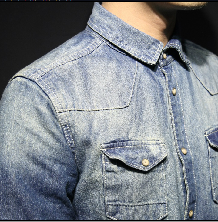 Washed old thickened slim fitting denim shirt for a comfortable and stylish everyday look. Perfect for casual wear, offe — photo 8