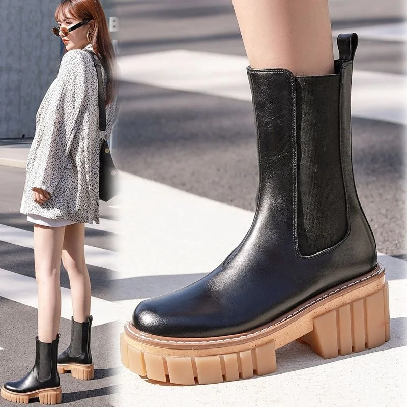 Round Toe High Heeled Leather Platform Retro Martin Ankle Boots. Stylish and comfortable boots for a bold, vintage look. — photo 5