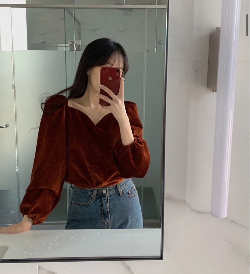 Title 16, Ladies Square Neck Puff Sleeve Velvet Shirt Lon...