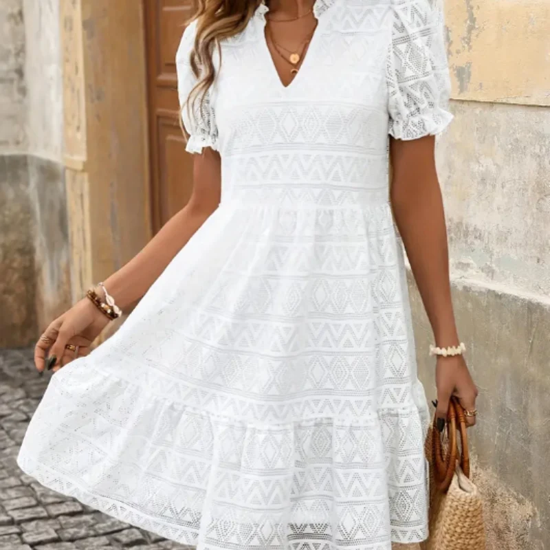 Vestido feminino oco de cor sólida com decote em V de verão — foto 7