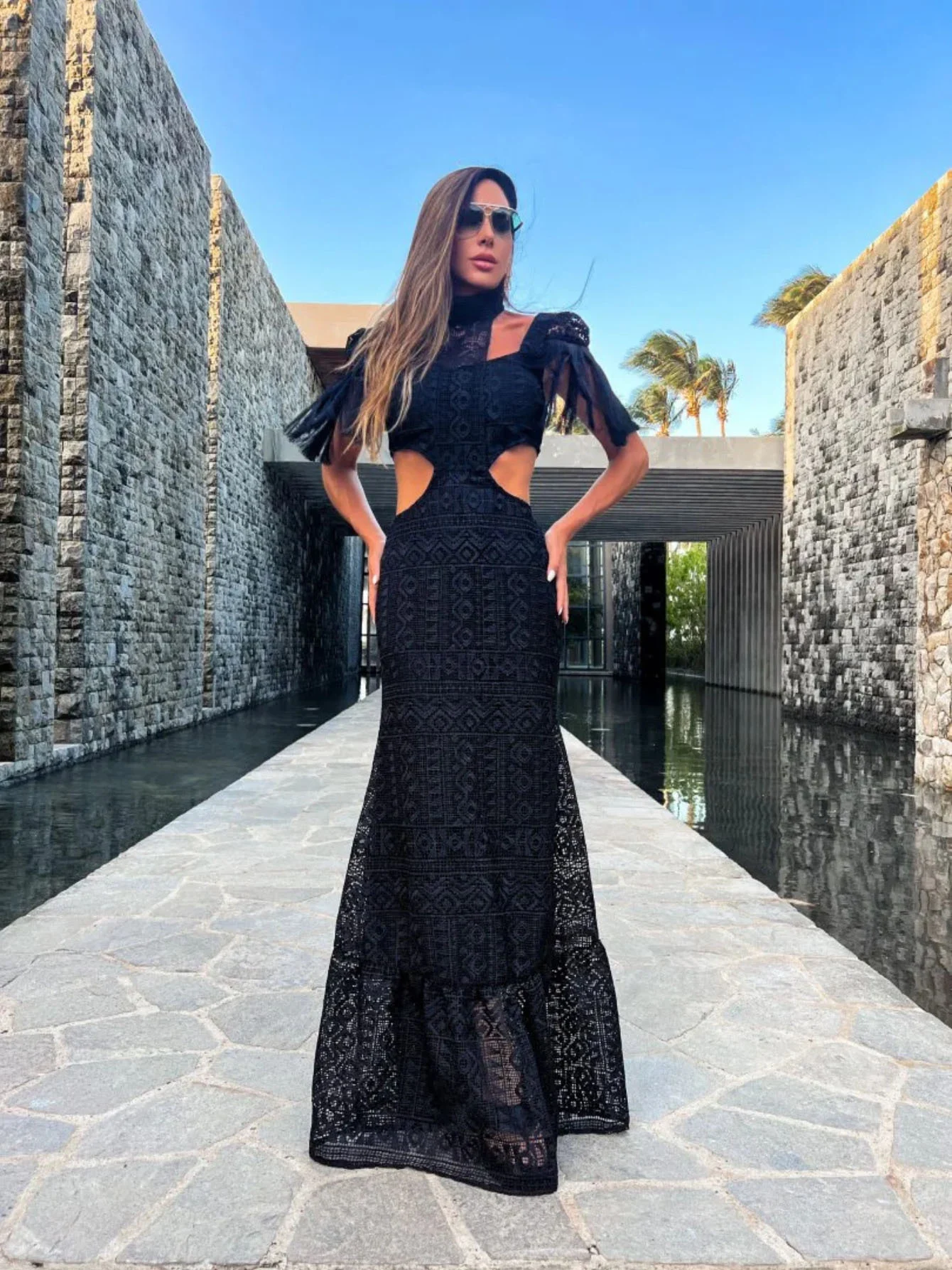 Black Cut-out Midriff Outfit Lace-up Tassel Women's Dress — photo 6