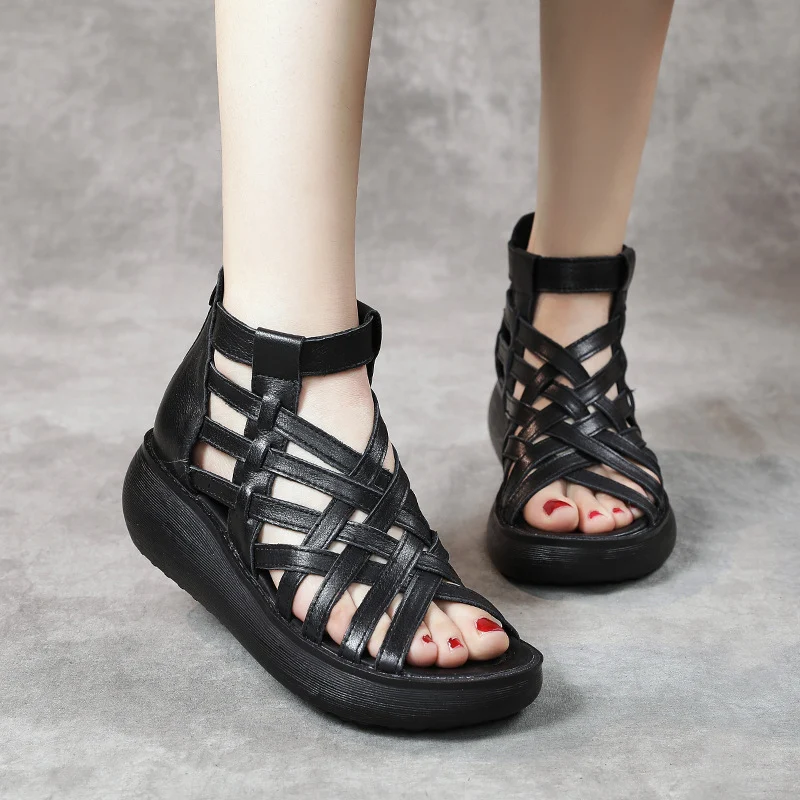 Sandalias de cuña retro étnicas para mujer, cómodas y casuales. Botines con tacón de bolso y boca de pez en piel de vaca. ¡Estilo único! — foto 8